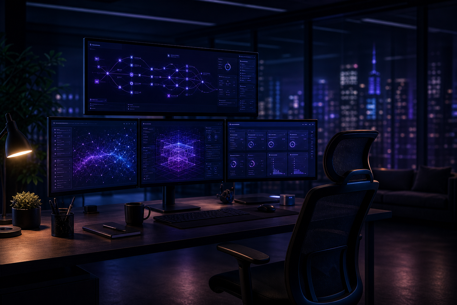 Autonomous agent workstation with multi-monitor workflows and purple neon productivity dashboards