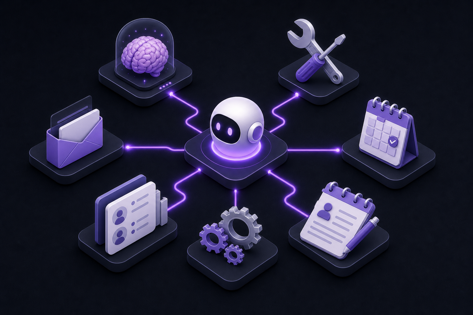 Agentic AI hub connected to planning, tools, calendar, meetings, email, automation, and CRM modules