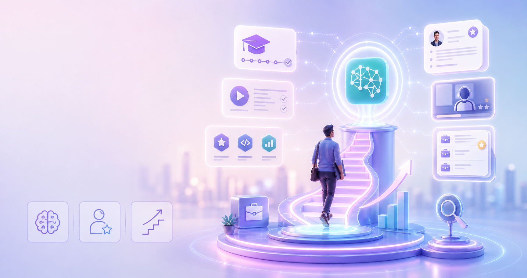 Bright AI jobs career path image showing skill cards, training modules, job search panels, and an upward career route.