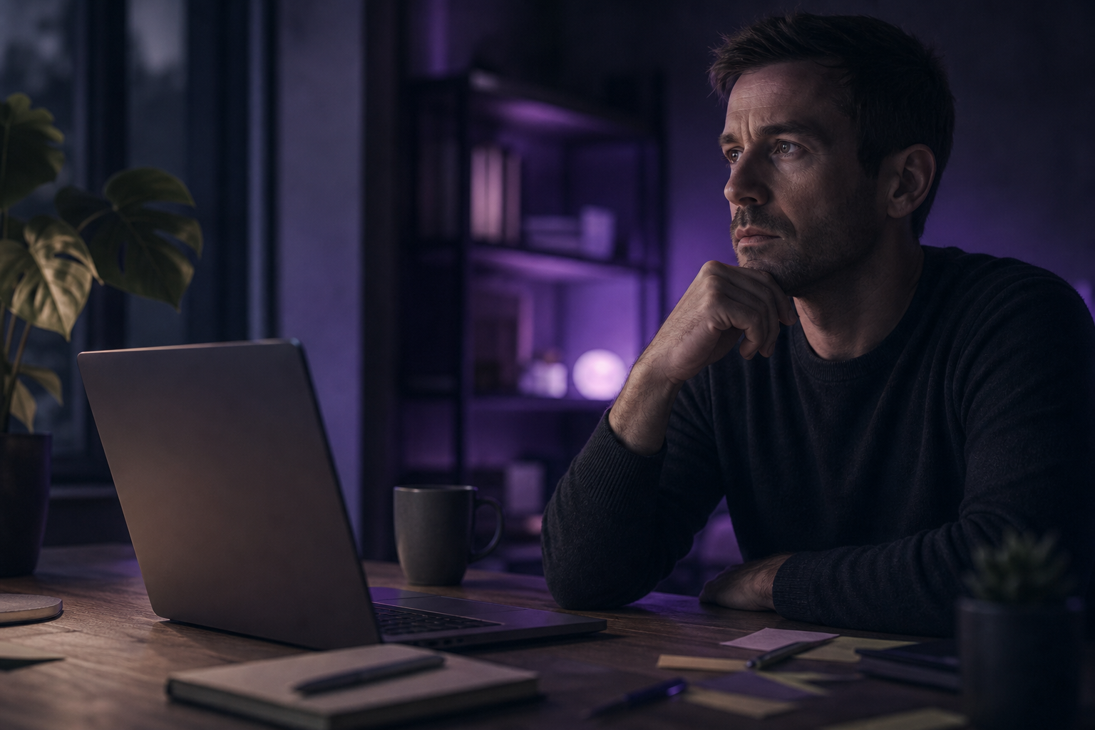 Calm creative wellness workspace with soft ambient light for mindful AI-supported routines