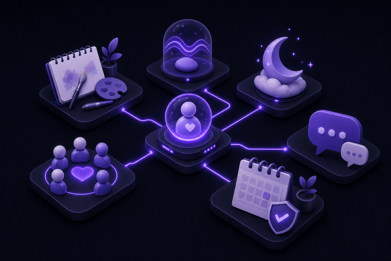 AI mental wellness stack connecting creative rituals, calm support, sleep awareness, community, and work boundaries