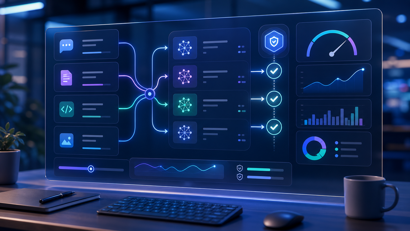 AI model routing dashboard showing task inputs flowing into multiple models with verification checks and cost analytics