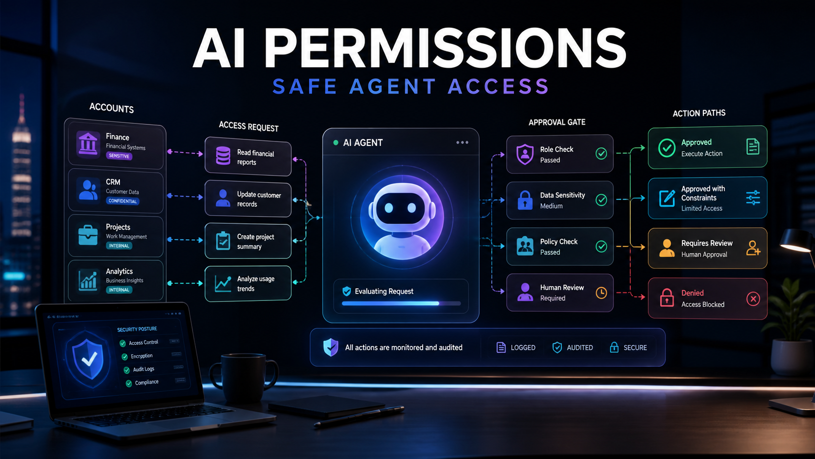 A safe AI agent setup routes access requests through account scopes, approval gates, action paths, and audit logs before work reaches customers or business systems.