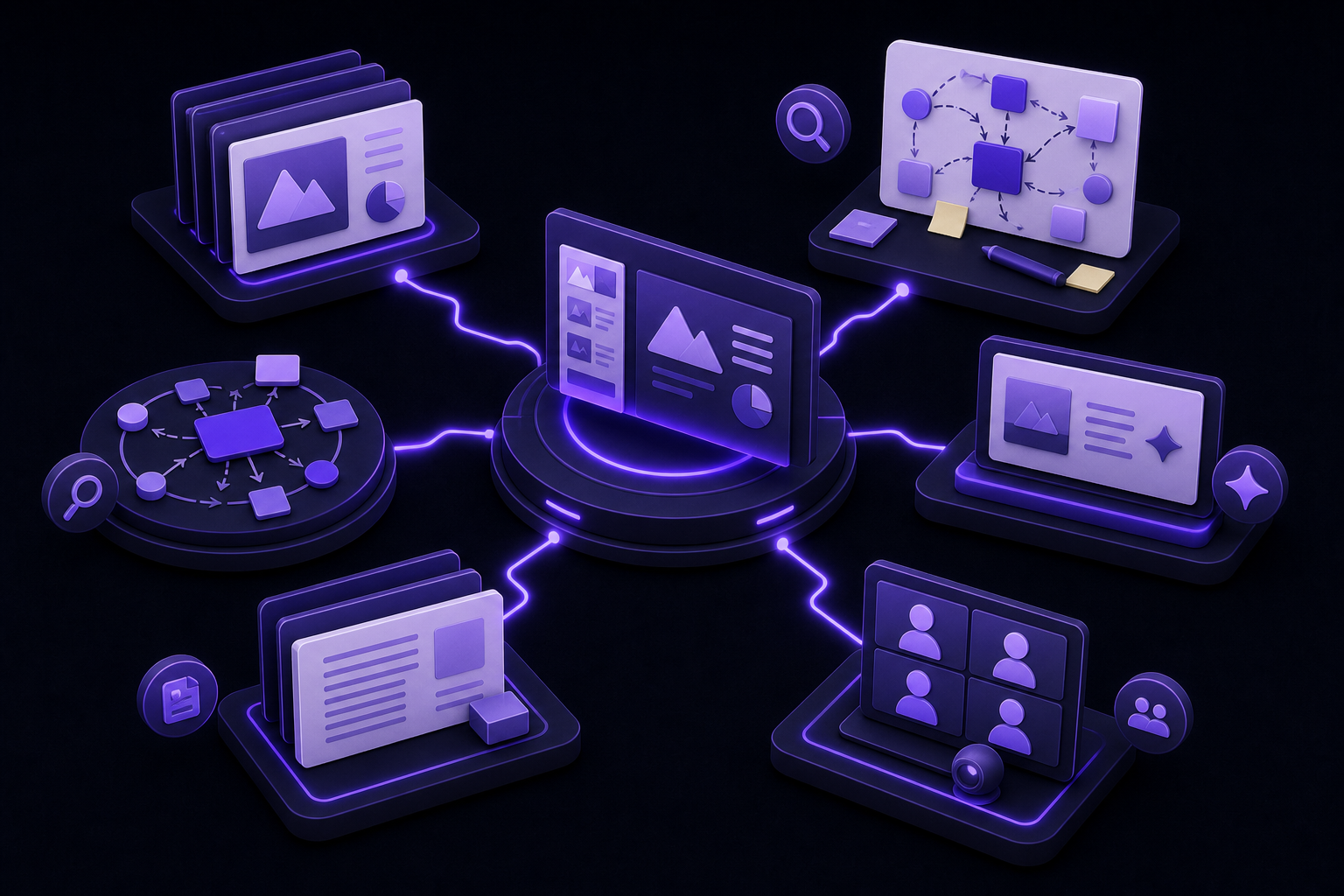 AI presentation tools stack connecting Gamma decks, Prezi storytelling, Beautiful AI slides, and Miro planning for client meetings