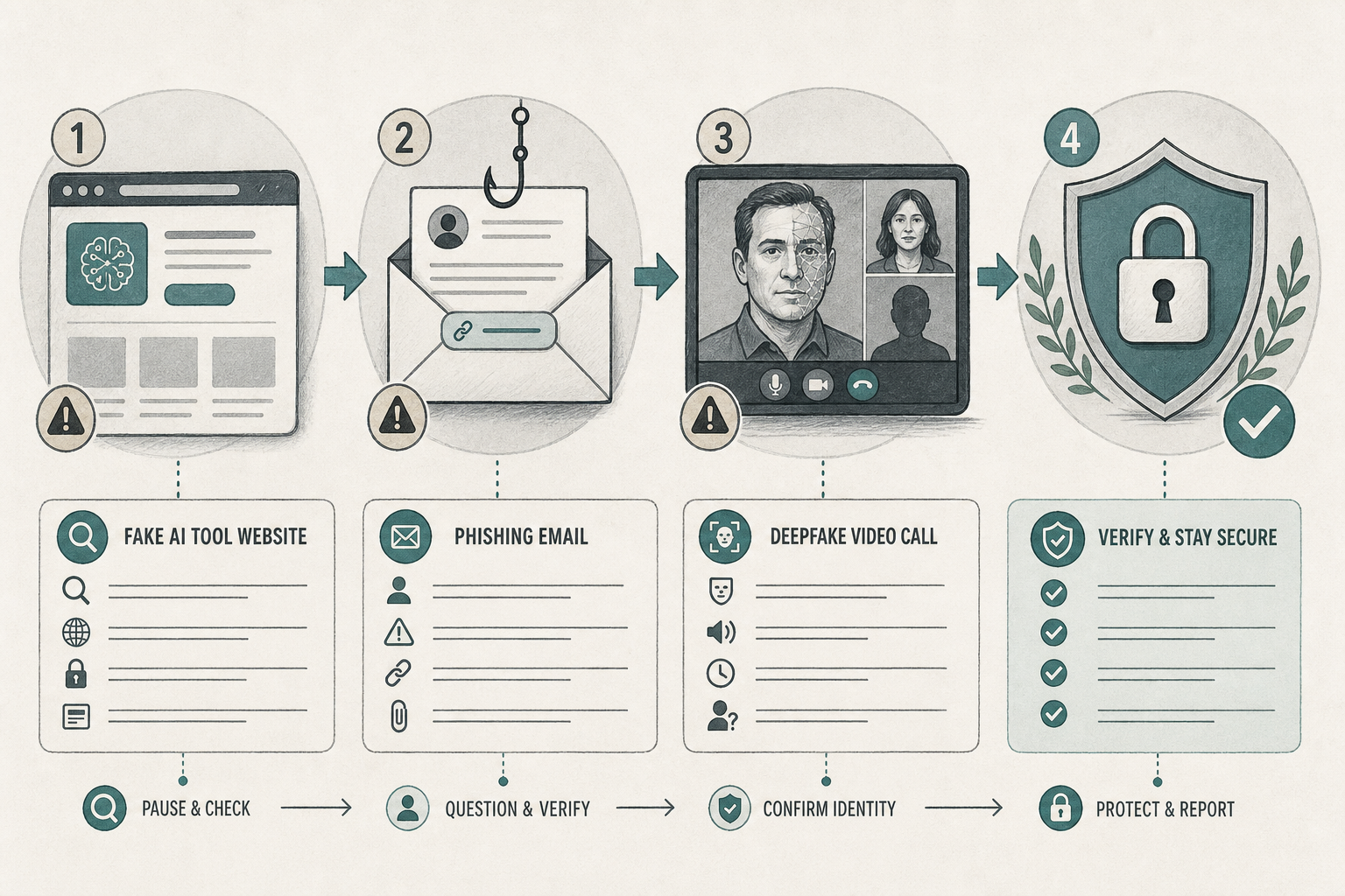 Checklist flow for spotting fake AI tools, phishing pages, deepfake calls, and securing endpoints