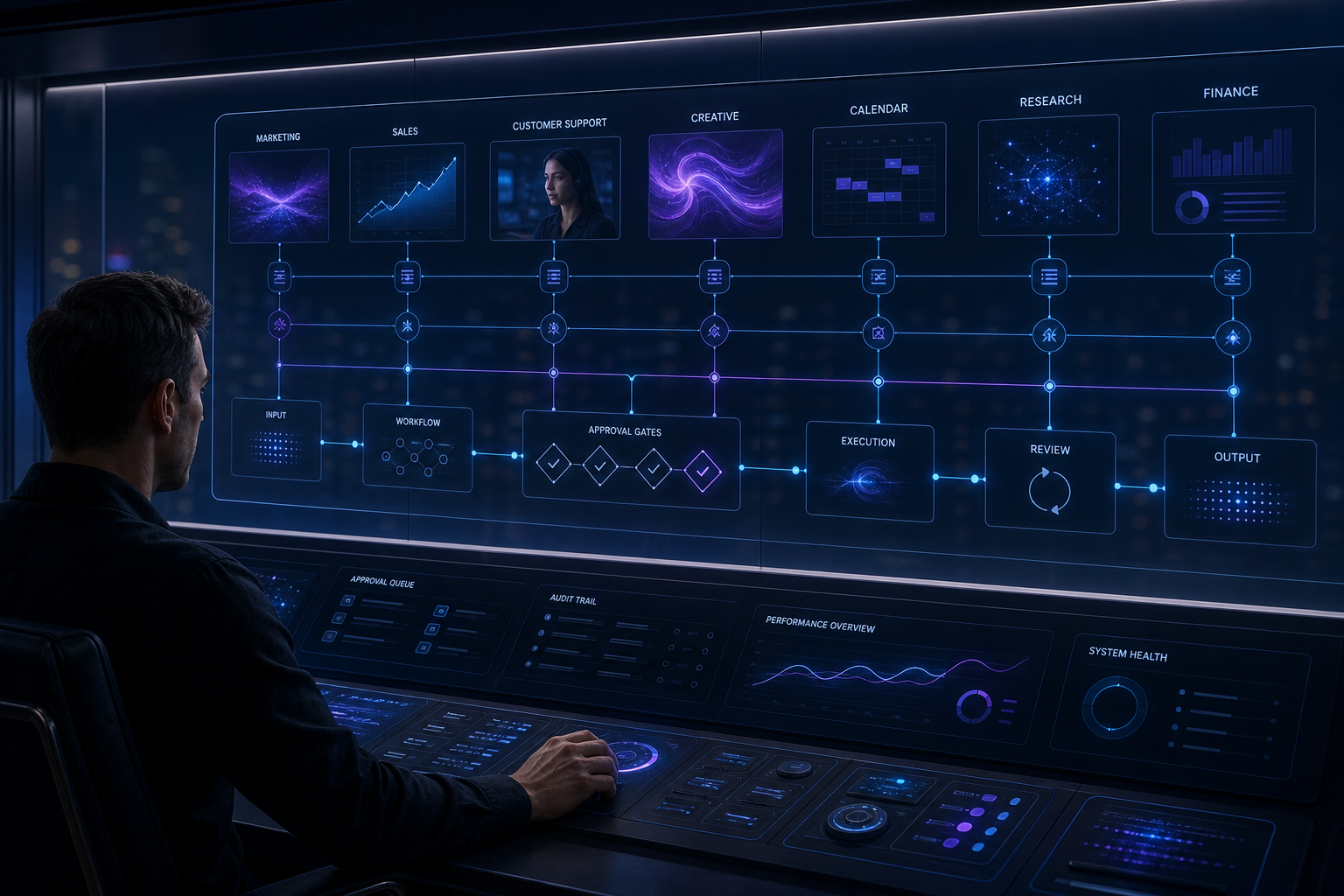 Human operator monitoring approval gates, audit trail, and performance across AI marketing, sales, support, creative, research, and finance workflows