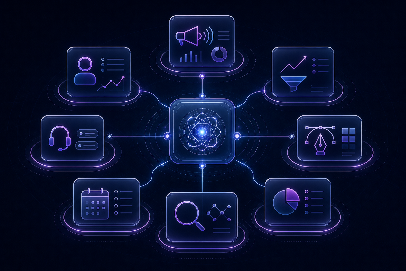 Seven connected AI department modules surrounding a central orchestration hub