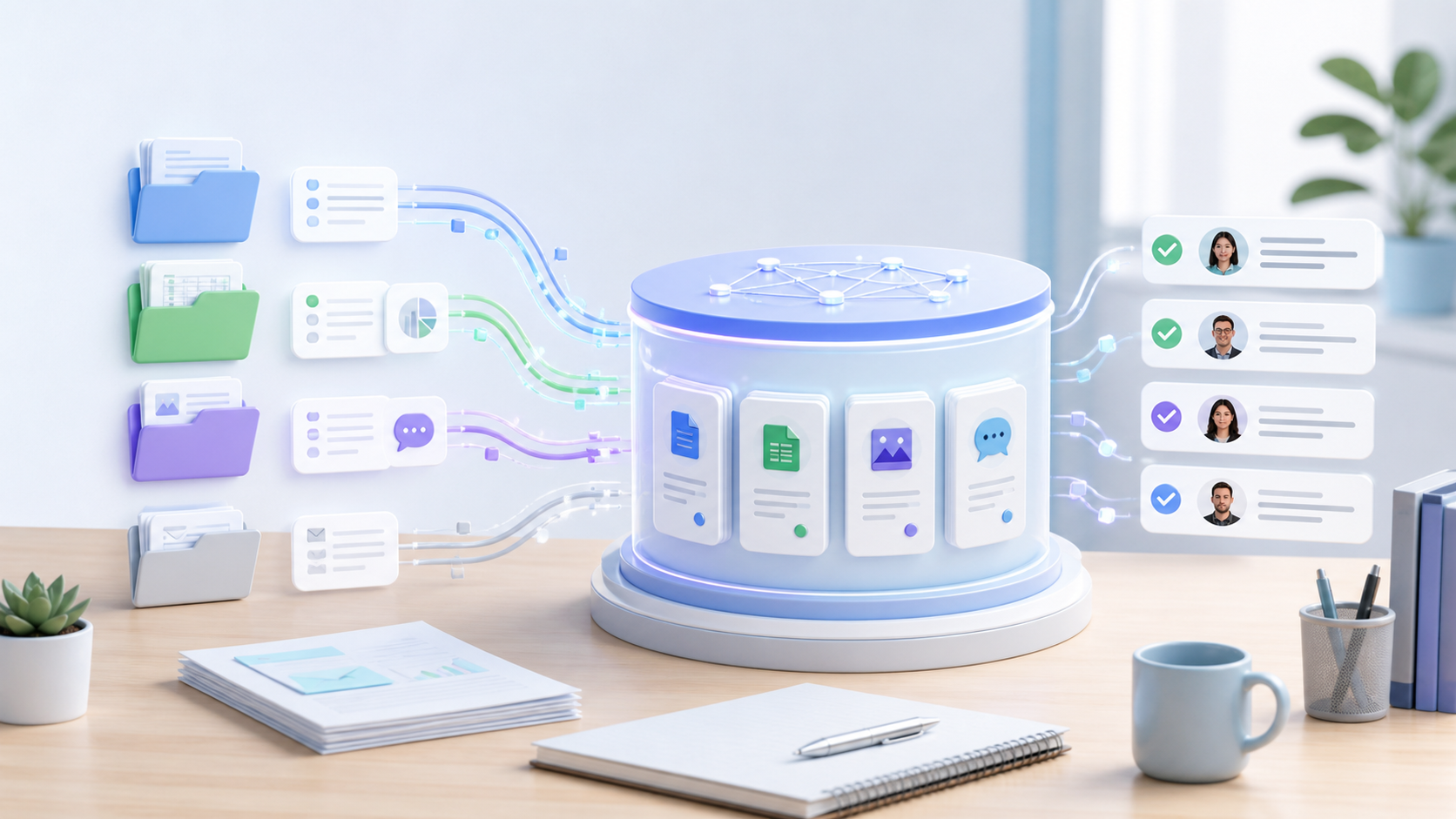 Organized AI-ready business knowledge base with documents, folders, review checks, and clean data flowing into an AI system