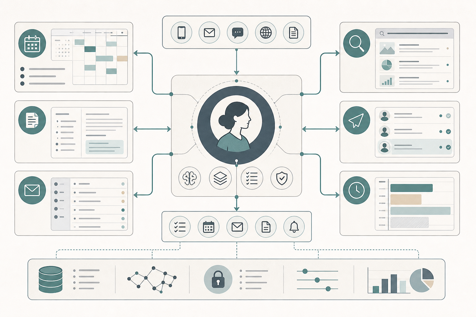AI virtual assistant workflow connecting calendar, email triage, meeting notes, research, outreach, and personal time blocks