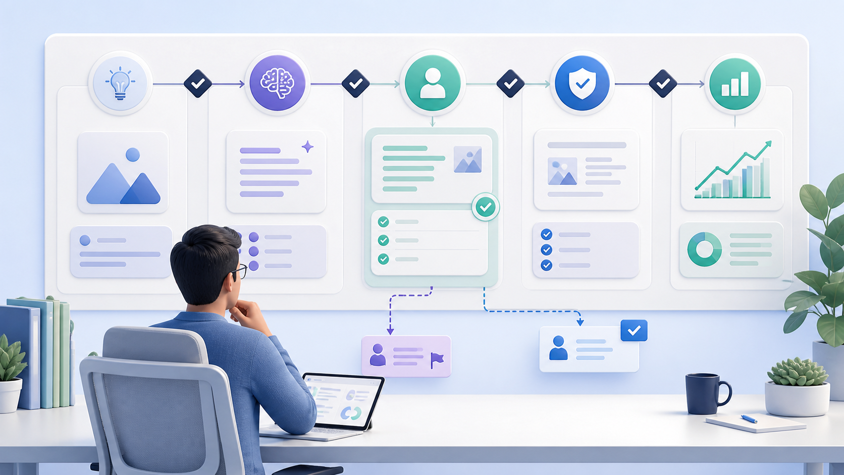 Human review workflow with AI draft, approval checkpoints, quality checks, and measured output