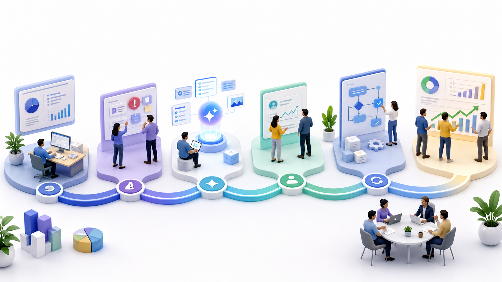 AI work redesign roadmap showing bottlenecks, AI assistance, human judgment, repeatable processes, and measurable results