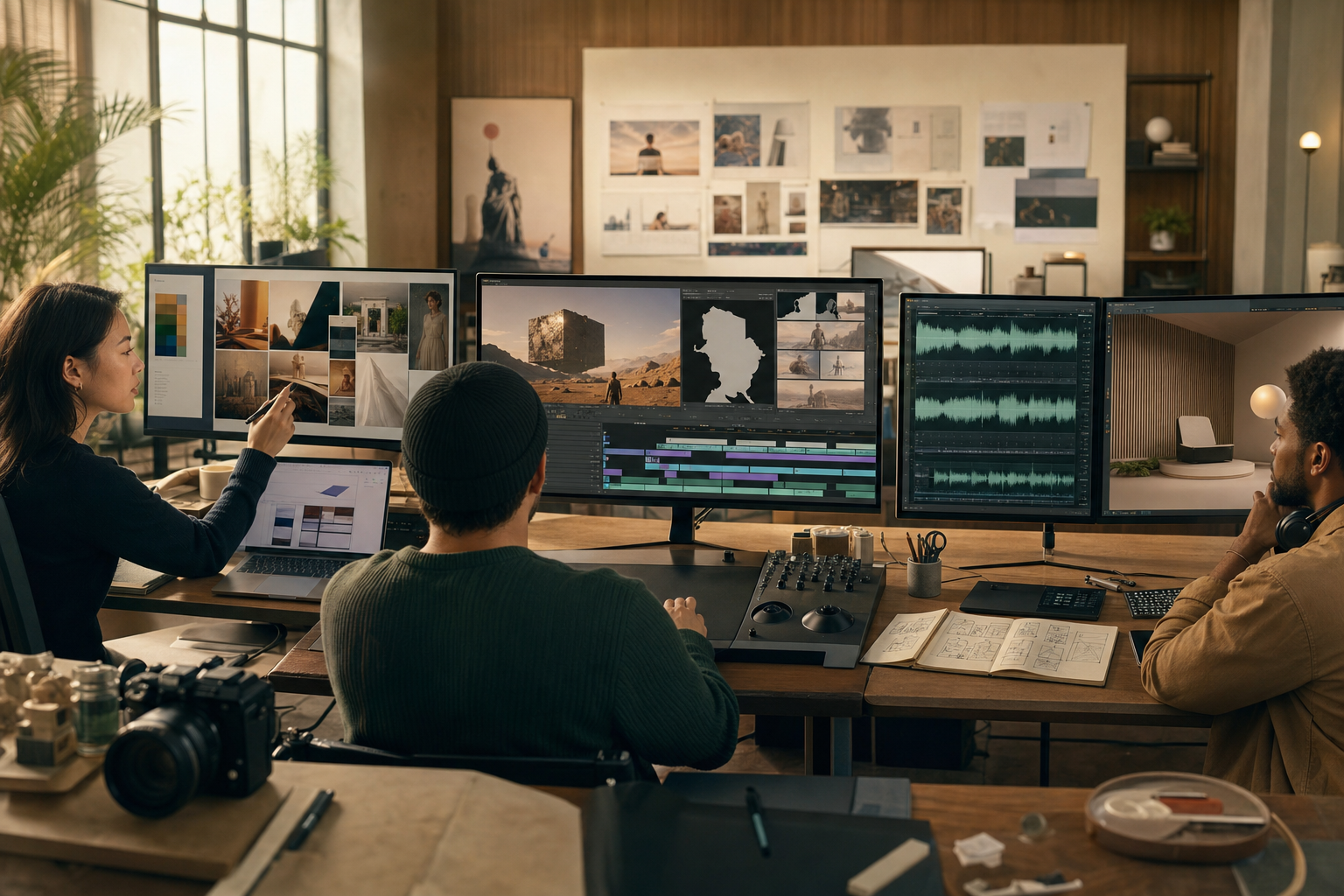 Hybrid creative studio pipeline showing concept decks, film edit, music waveforms, and brand systems powered by AI roles