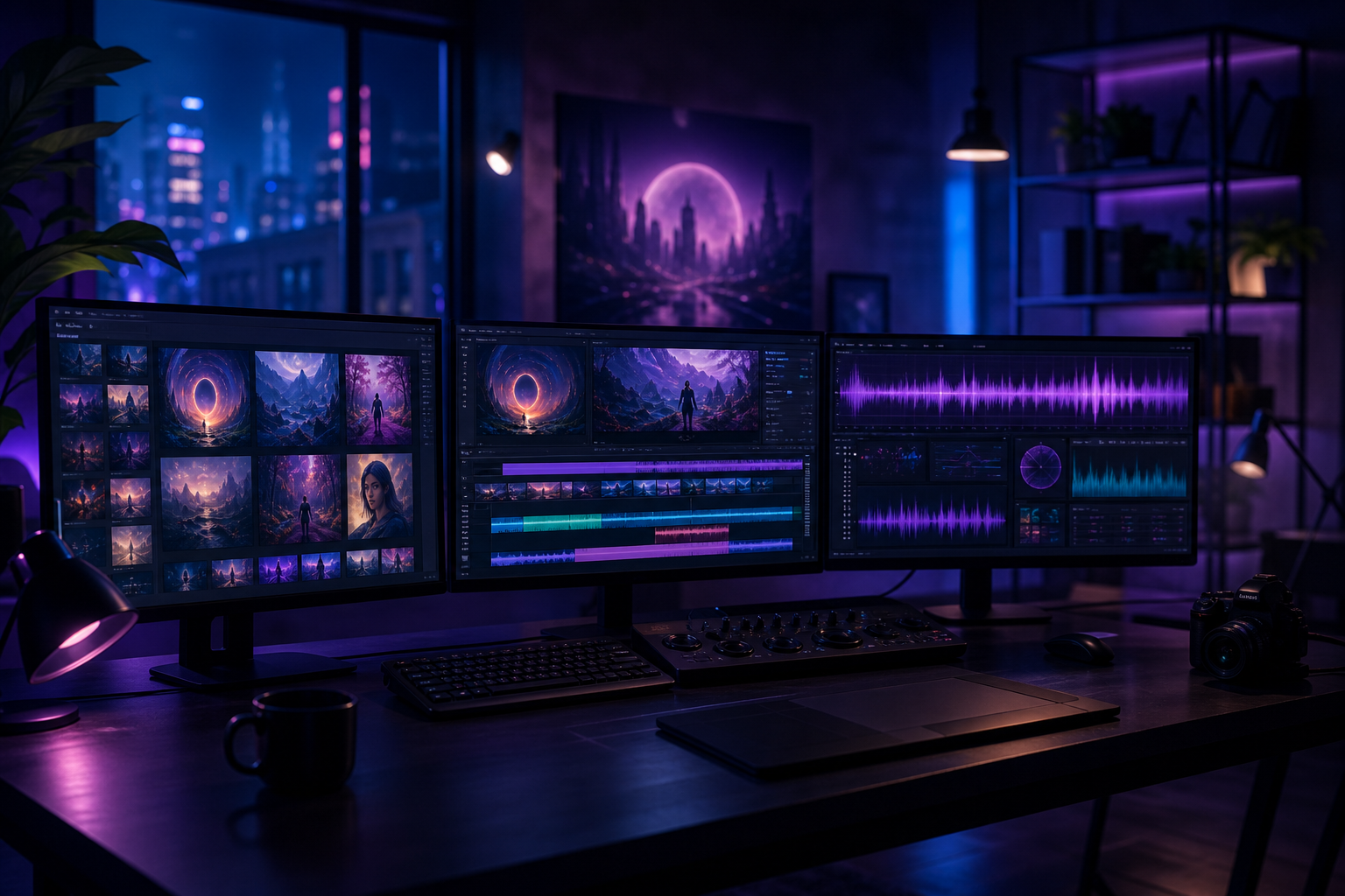 Creative studio monitors showing design, film timelines, and music waveforms in a hybrid AI workflow