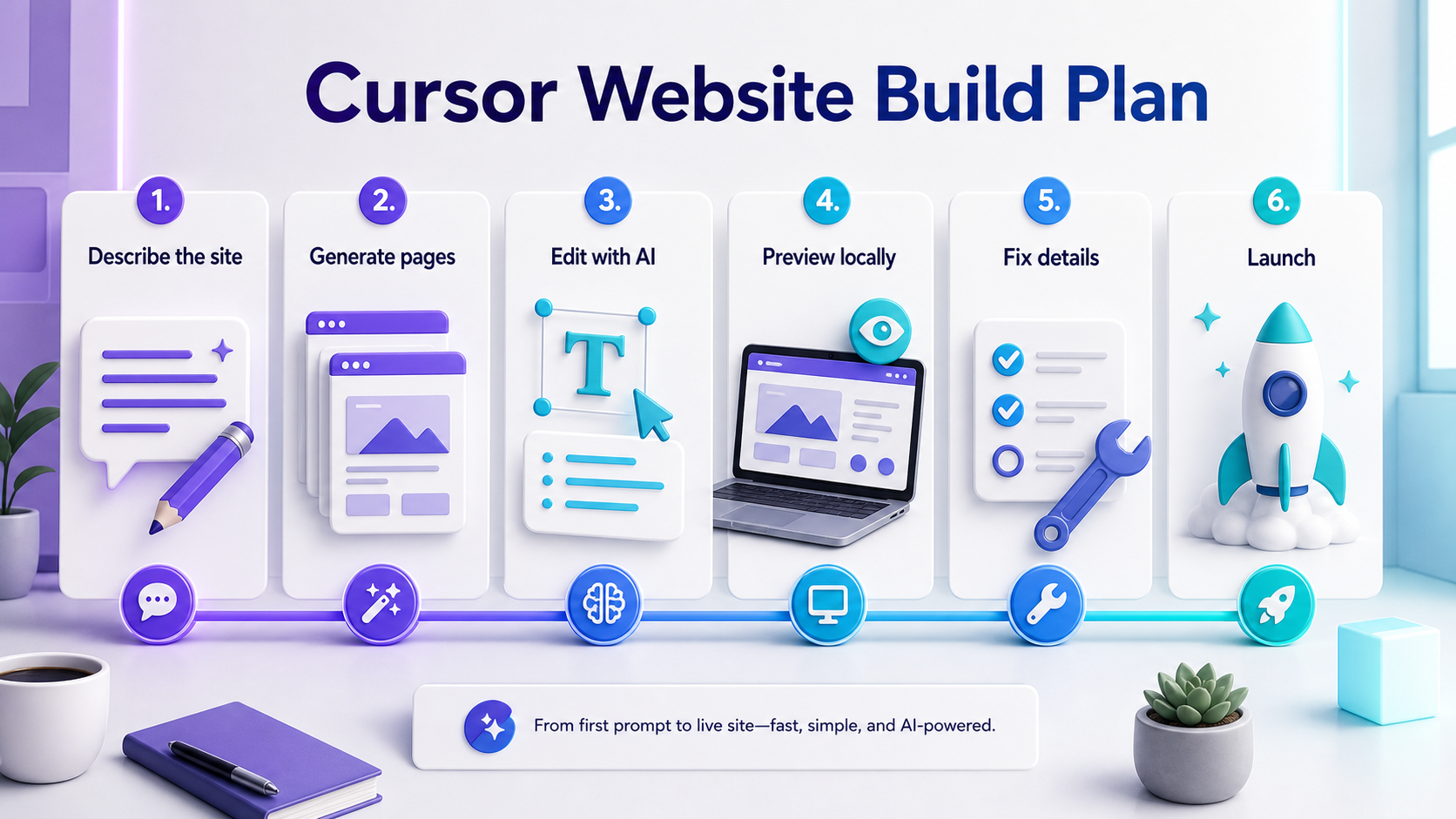 A practical Cursor website build plan moves from the first site description to generated pages, AI edits, local preview, cleanup, and launch.
