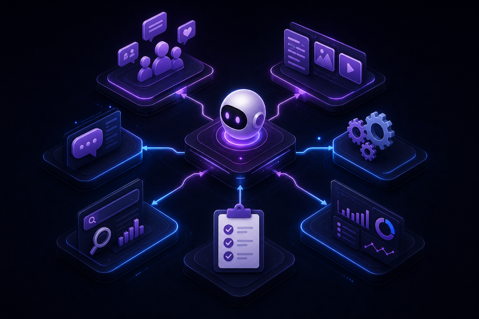 Dark neon home-office AI revenue stack connecting outbound, content, automation, SEO, and analytics
