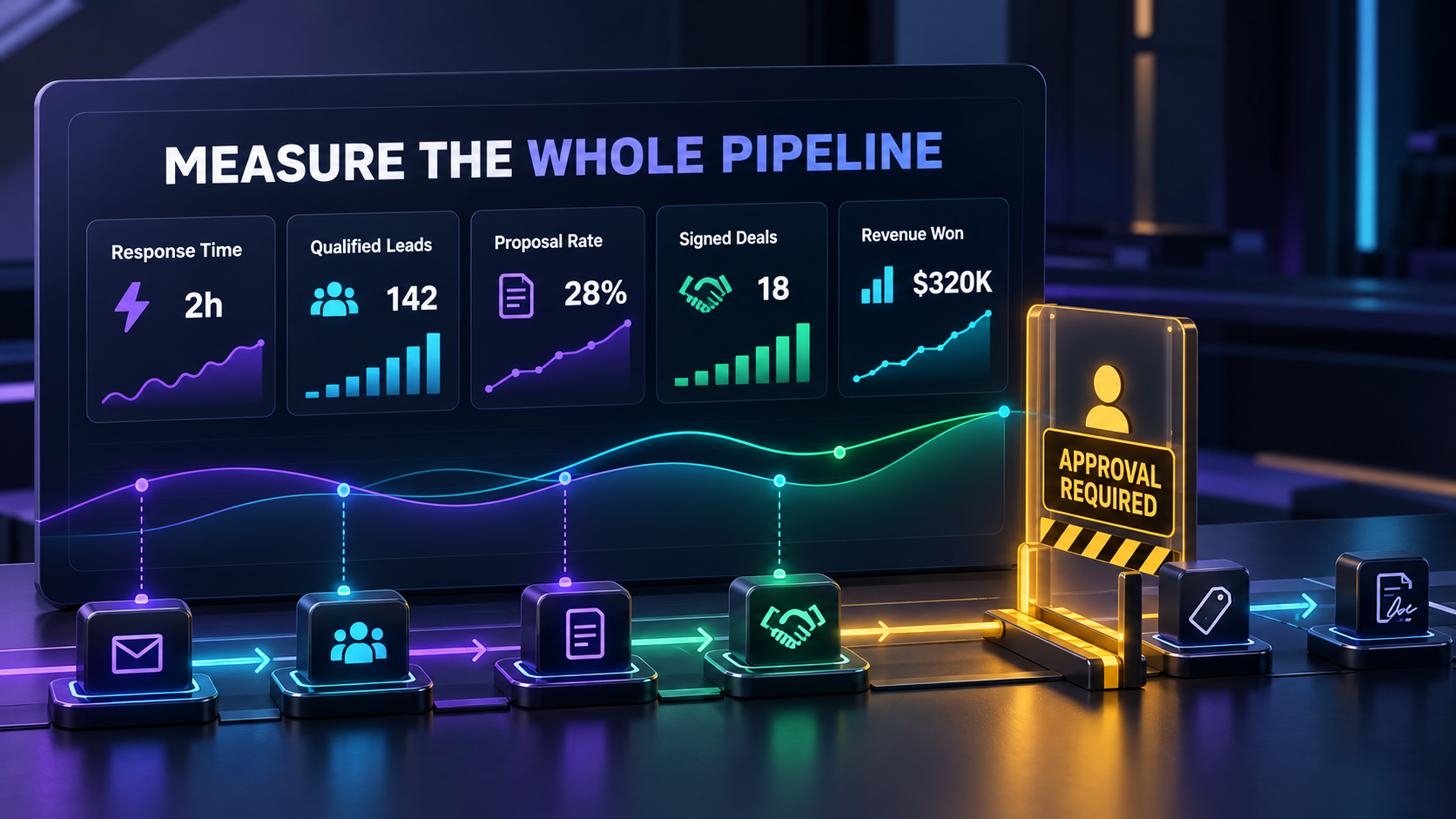 A lead automation scorecard measuring response time, qualification, proposals, signed deals, revenue, and human corrections.