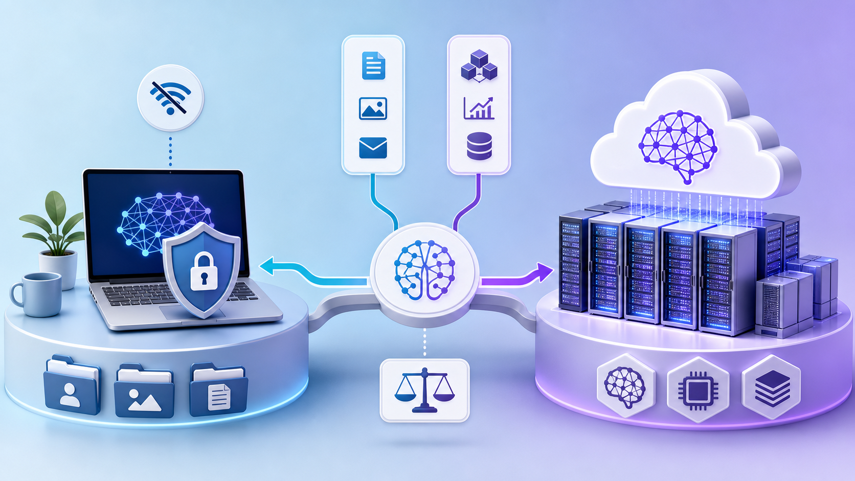 A visual comparison of private local AI on a laptop and powerful cloud AI connected through a selective task-routing layer.