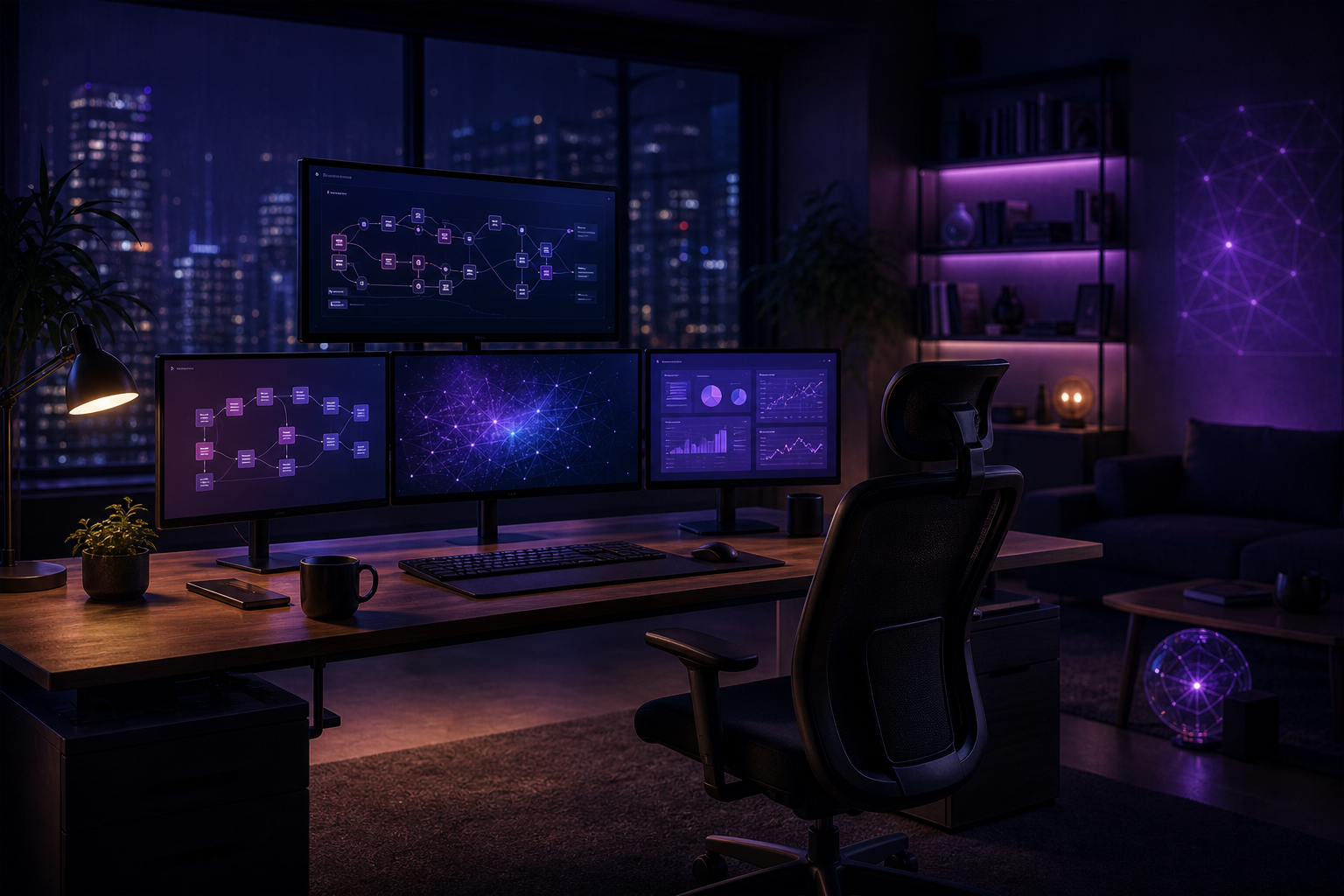 Founder home office with automation workflows and pitch decks on neon-lit monitors