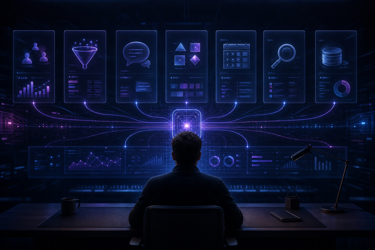 One founder operating seven business functions from a single AI command center—useful as a visual model, then refined with real workflows and human approval gates.