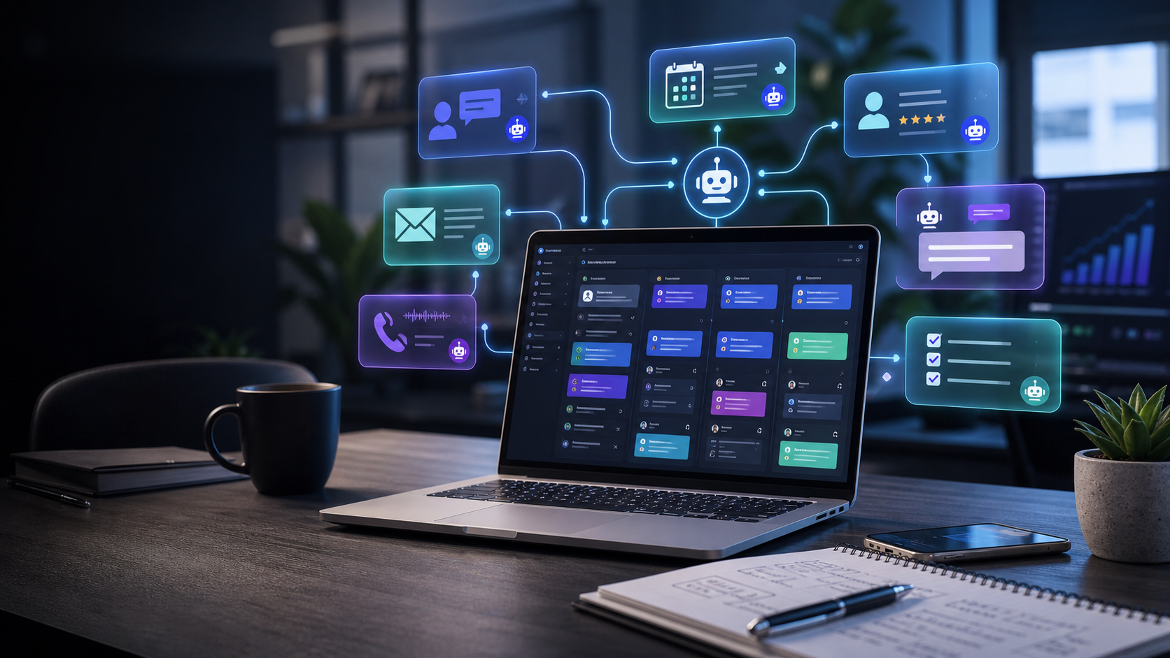 AI agent workflow dashboard showing connected business tasks