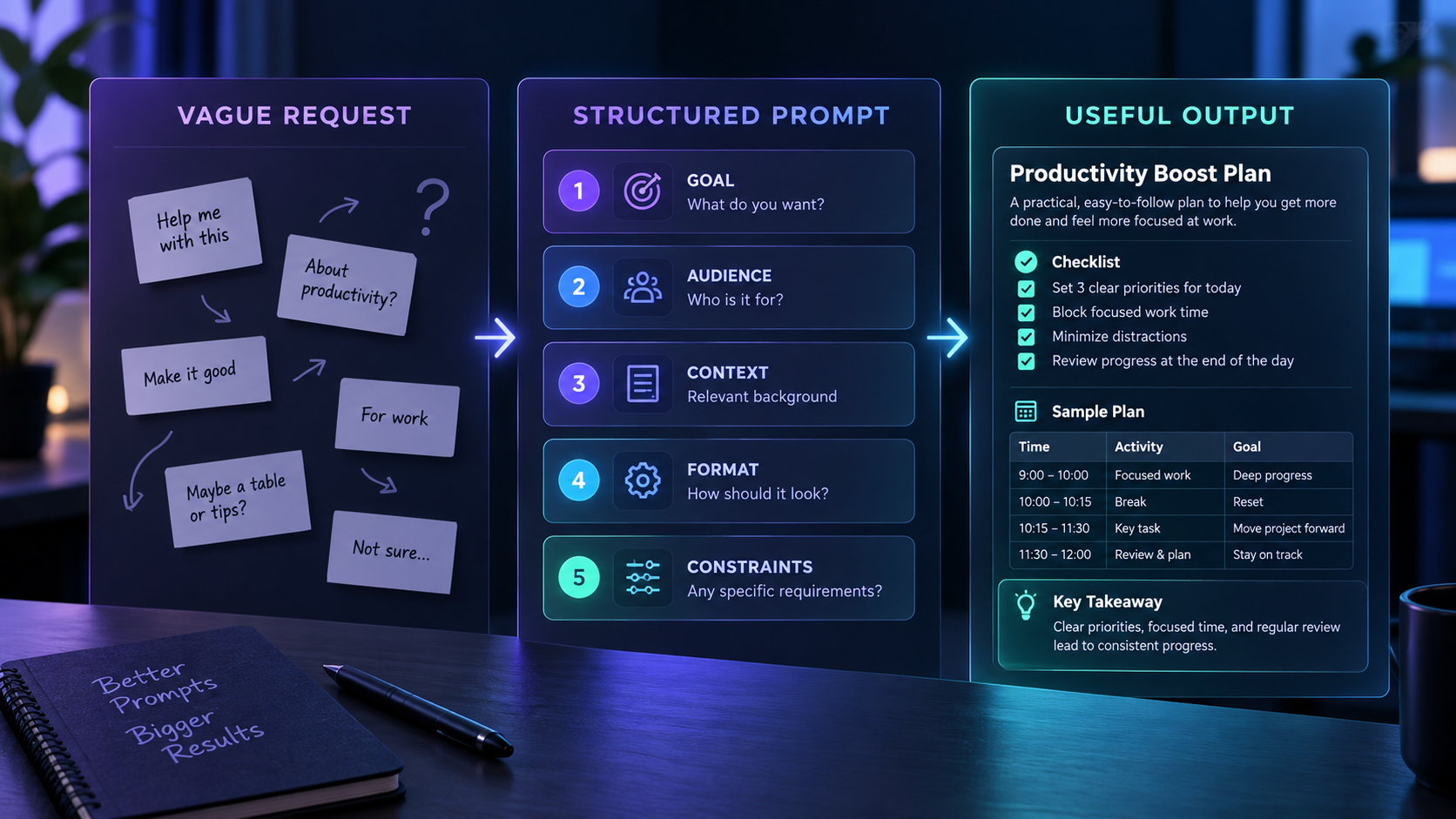 A vague request becomes more useful when the goal, audience, context, format, and constraints are made explicit.
