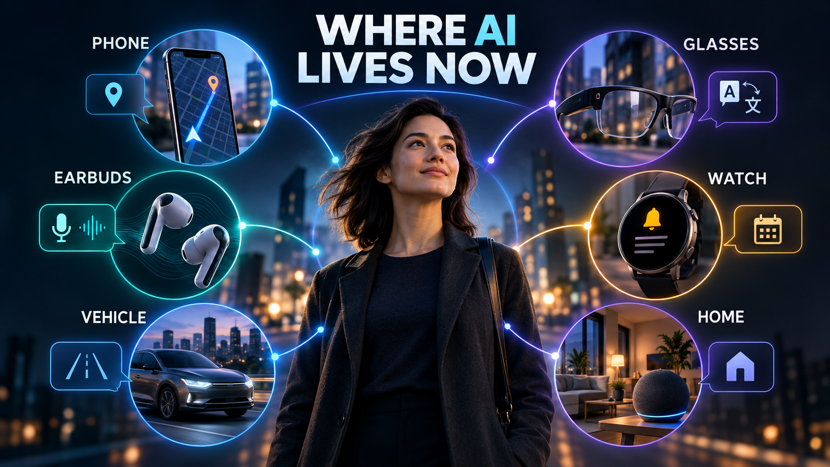 AI now reaches beyond computers into phones, glasses, earbuds, watches, vehicles, and home devices.